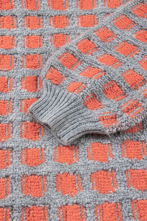 Textured Checkerboard Knit Drop Shoulder Pullover Sweater