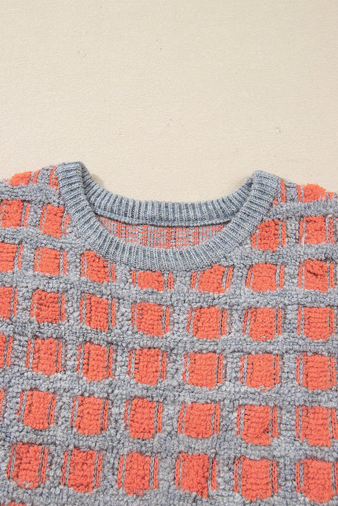 Textured Checkerboard Knit Drop Shoulder Pullover Sweater