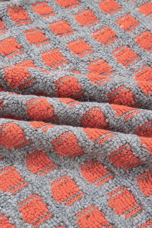 Textured Checkerboard Knit Drop Shoulder Pullover Sweater