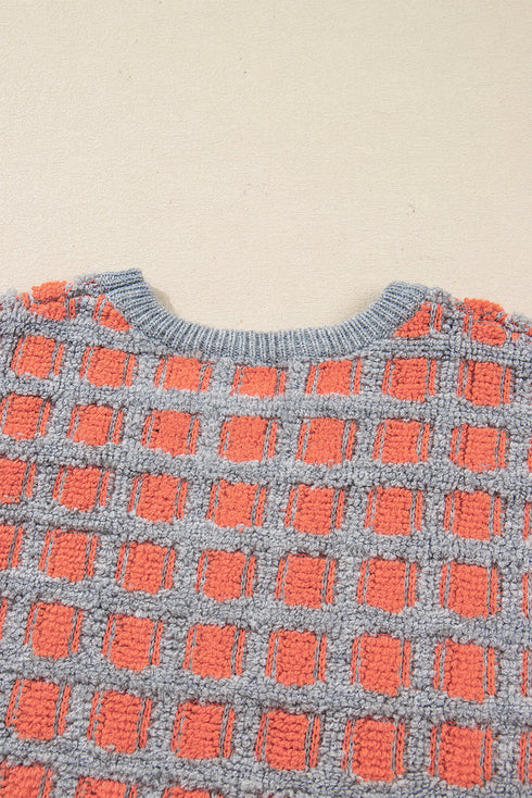 Textured Checkerboard Knit Drop Shoulder Pullover Sweater