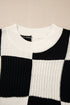Textured Checkerboard Short Sleeve Crew Neck Knit Sweater