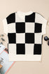 Textured Checkerboard Short Sleeve Crew Neck Knit Sweater