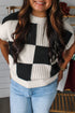 Textured Checkerboard Short Sleeve Crew Neck Knit Sweater