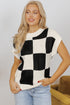 Textured Checkerboard Short Sleeve Crew Neck Knit Sweater