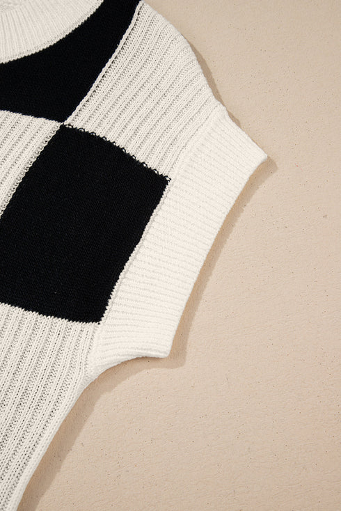 Textured Checkerboard Short Sleeve Crew Neck Knit Sweater
