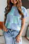 Textured Checkerboard Short Sleeve Crew Neck Knit Sweater