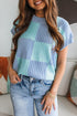 Textured Checkerboard Short Sleeve Crew Neck Knit Sweater