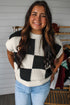 Textured Checkerboard Short Sleeve Crew Neck Knit Sweater