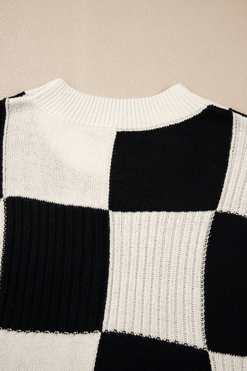 Textured Checkerboard Short Sleeve Crew Neck Knit Sweater