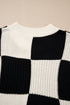Textured Checkerboard Short Sleeve Crew Neck Knit Sweater