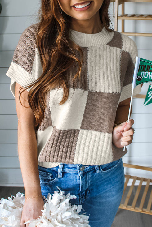 Textured Checkerboard Short Sleeve Crew Neck Knit Sweater