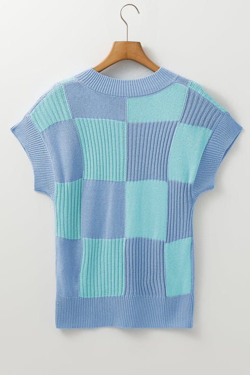 Textured Checkerboard Short Sleeve Crew Neck Knit Sweater