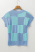 Textured Checkerboard Short Sleeve Crew Neck Knit Sweater