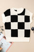 Textured Checkerboard Short Sleeve Crew Neck Knit Sweater