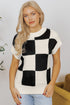 Textured Checkerboard Short Sleeve Crew Neck Knit Sweater