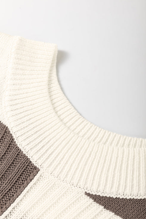 Textured Checkerboard Short Sleeve Crew Neck Knit Sweater