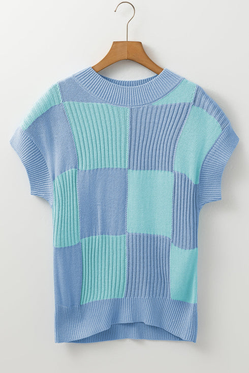 Textured Checkerboard Short Sleeve Crew Neck Knit Sweater