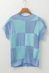 Textured Checkerboard Short Sleeve Crew Neck Knit Sweater
