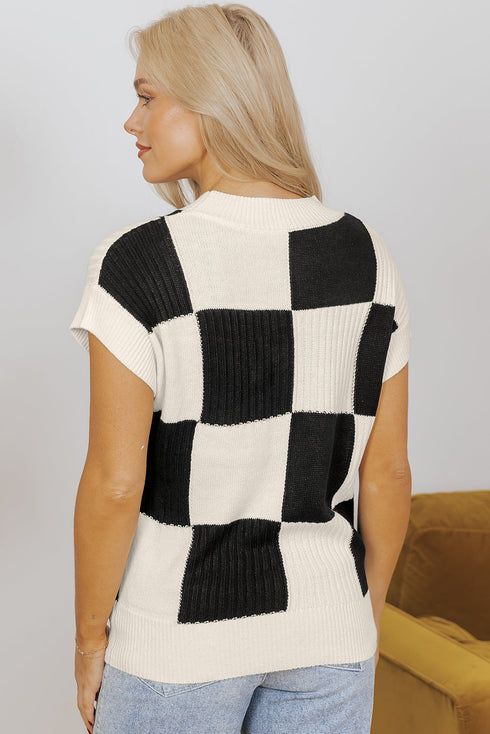 Textured Checkerboard Short Sleeve Crew Neck Knit Sweater