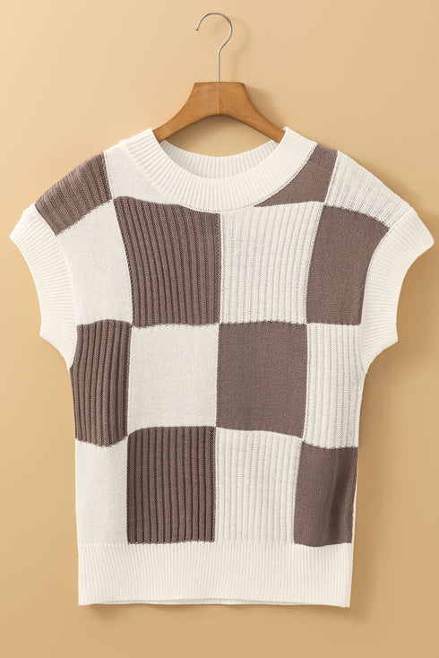 Textured Checkerboard Short Sleeve Crew Neck Knit Sweater