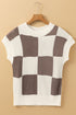 Textured Checkerboard Short Sleeve Crew Neck Knit Sweater