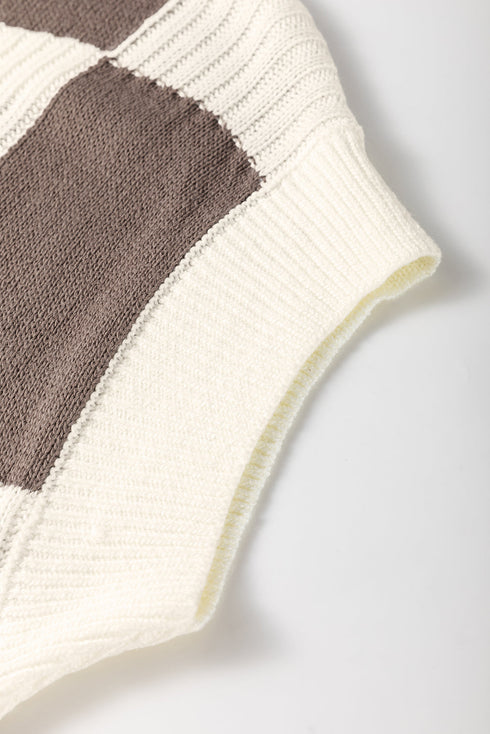 Textured Checkerboard Short Sleeve Crew Neck Knit Sweater