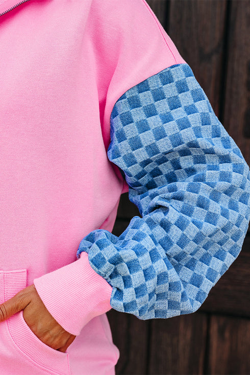 Textured Checkerboard Sleeve Half Zip Hooded Sweatshirt