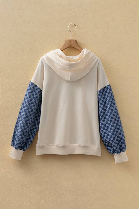 Textured Checkerboard Sleeve Half Zip Hooded Sweatshirt