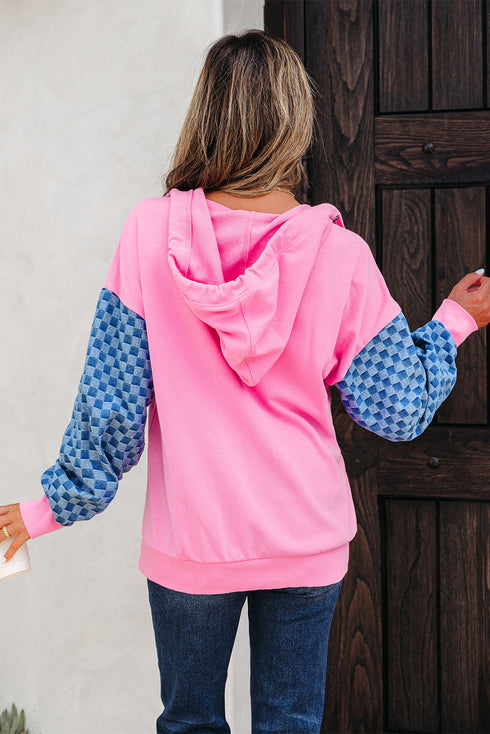 Textured Checkerboard Sleeve Half Zip Hooded Sweatshirt