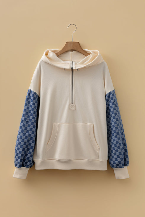 Textured Checkerboard Sleeve Half Zip Hooded Sweatshirt