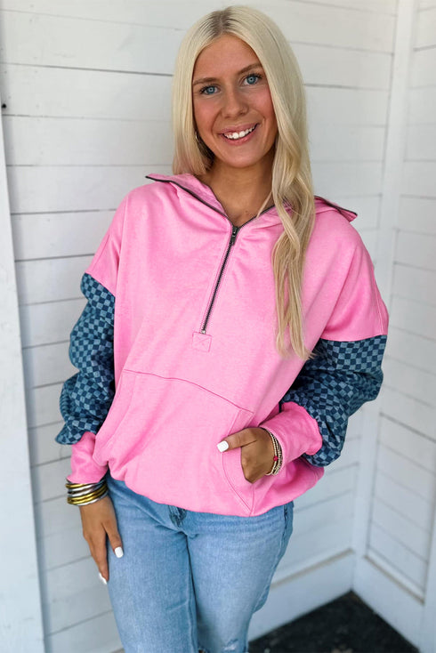 Textured Checkerboard Sleeve Half Zip Hooded Sweatshirt