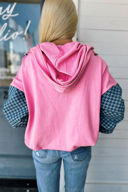 Textured Checkerboard Sleeve Half Zip Hooded Sweatshirt
