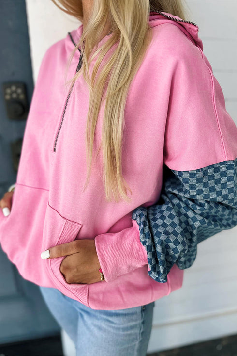 Textured Checkerboard Sleeve Half Zip Hooded Sweatshirt