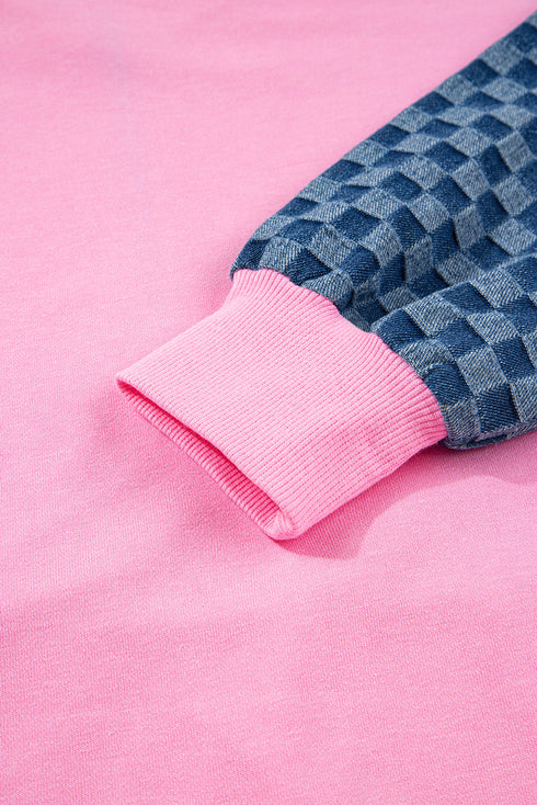 Textured Checkerboard Sleeve Half Zip Hooded Sweatshirt