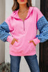 Textured Checkerboard Sleeve Half Zip Hooded Sweatshirt