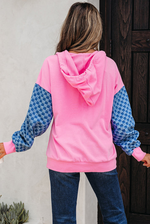 Textured Checkerboard Sleeve Half Zip Hooded Sweatshirt