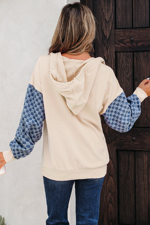 Textured Checkerboard Sleeve Half Zip Hooded Sweatshirt