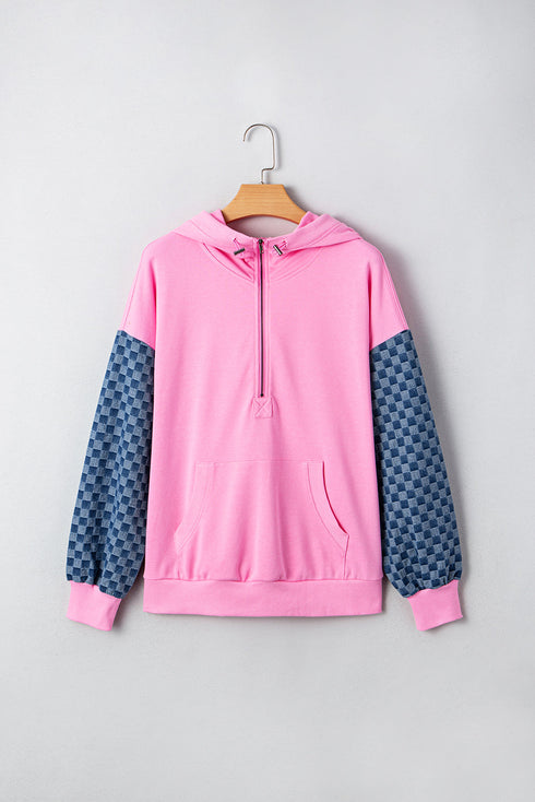 Textured Checkerboard Sleeve Half Zip Hooded Sweatshirt