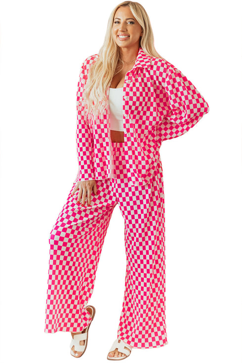 Textured Checkered Button Down Wide Leg Pajama Set