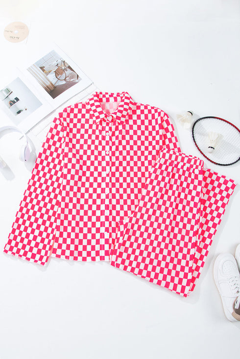 Textured Checkered Button Down Wide Leg Pajama Set