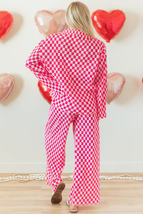 Textured Checkered Button Down Wide Leg Pajama Set