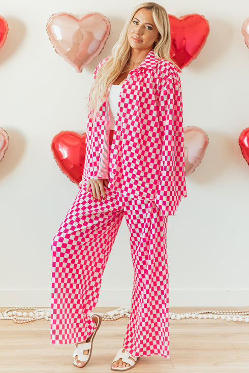 Textured Checkered Button Down Wide Leg Pajama Set
