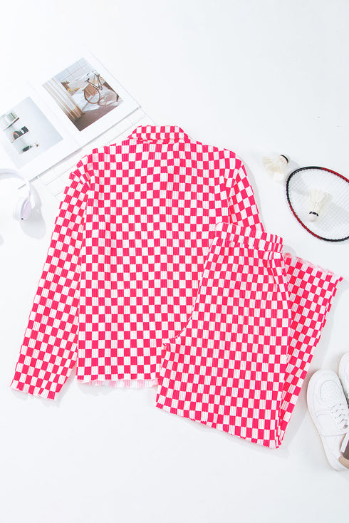 Textured Checkered Button Down Wide Leg Pajama Set