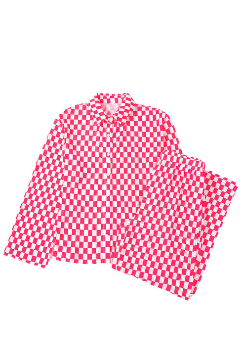 Textured Checkered Button Down Wide Leg Pajama Set