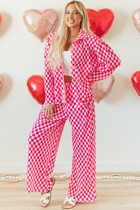 Textured Checkered Button Down Wide Leg Pajama Set