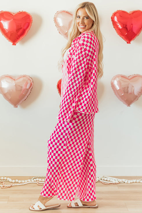 Textured Checkered Button Down Wide Leg Pajama Set