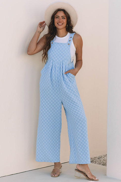 Textured Checkered High Waist Wide Leg Overall Jumpsuit