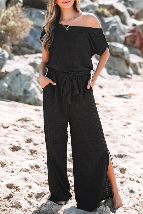 Textured Checkered Mesh One Shoulder Wide Leg Jumpsuit