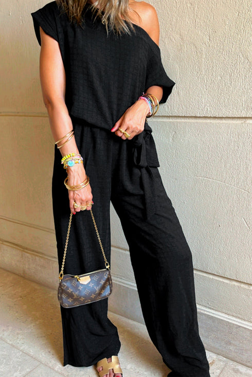 Textured Checkered Mesh One Shoulder Wide Leg Jumpsuit