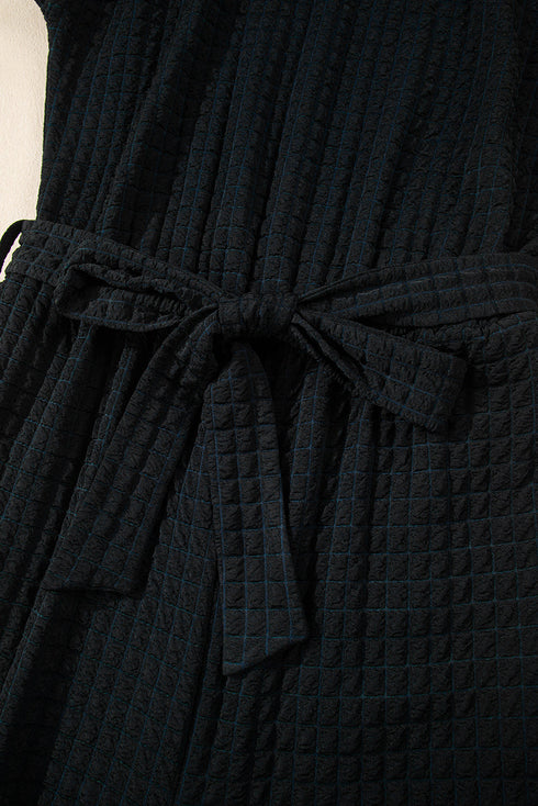 Textured Checkered Mesh One Shoulder Wide Leg Jumpsuit